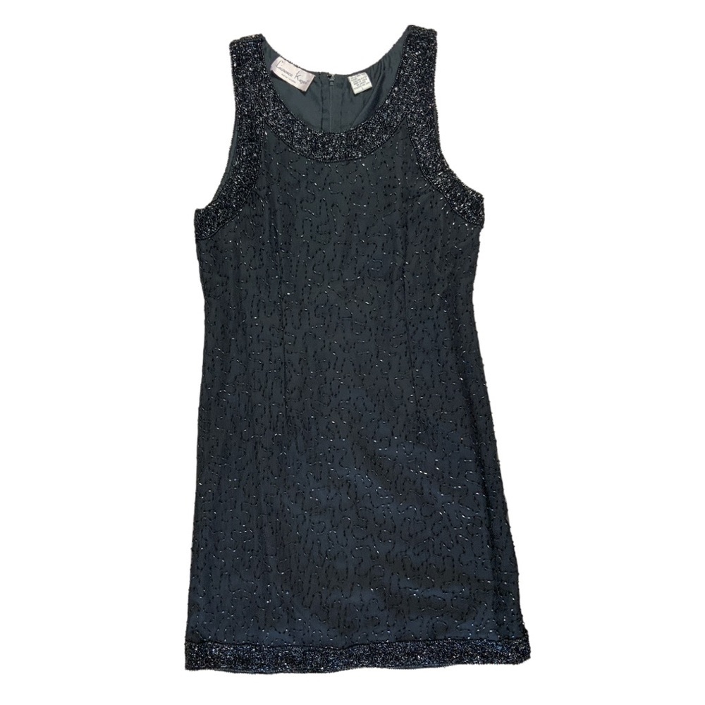 Vintage Laurence Kazar New York 100% silk all over beaded black cocktail dress L